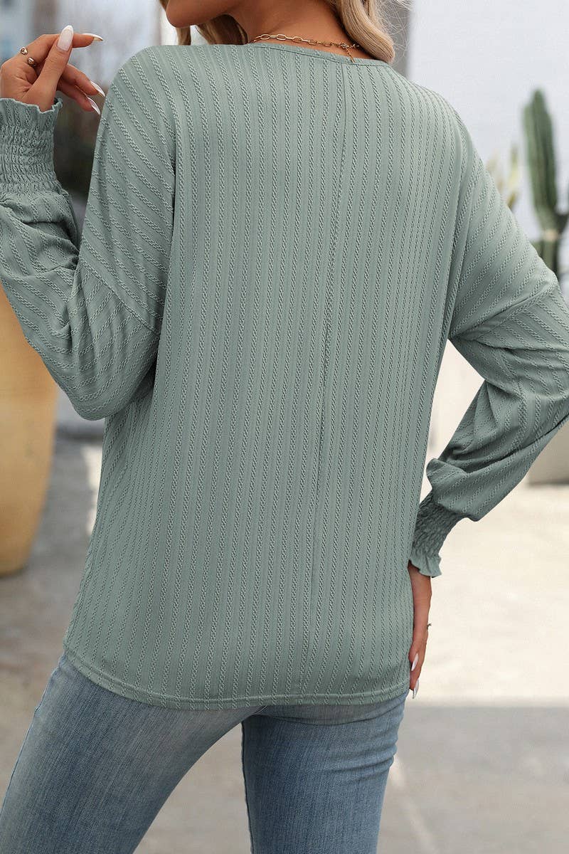 CWTBLL1814_LOOSE FIT V-NECK BATWING SLEEVE LONG SLEEVE TOP