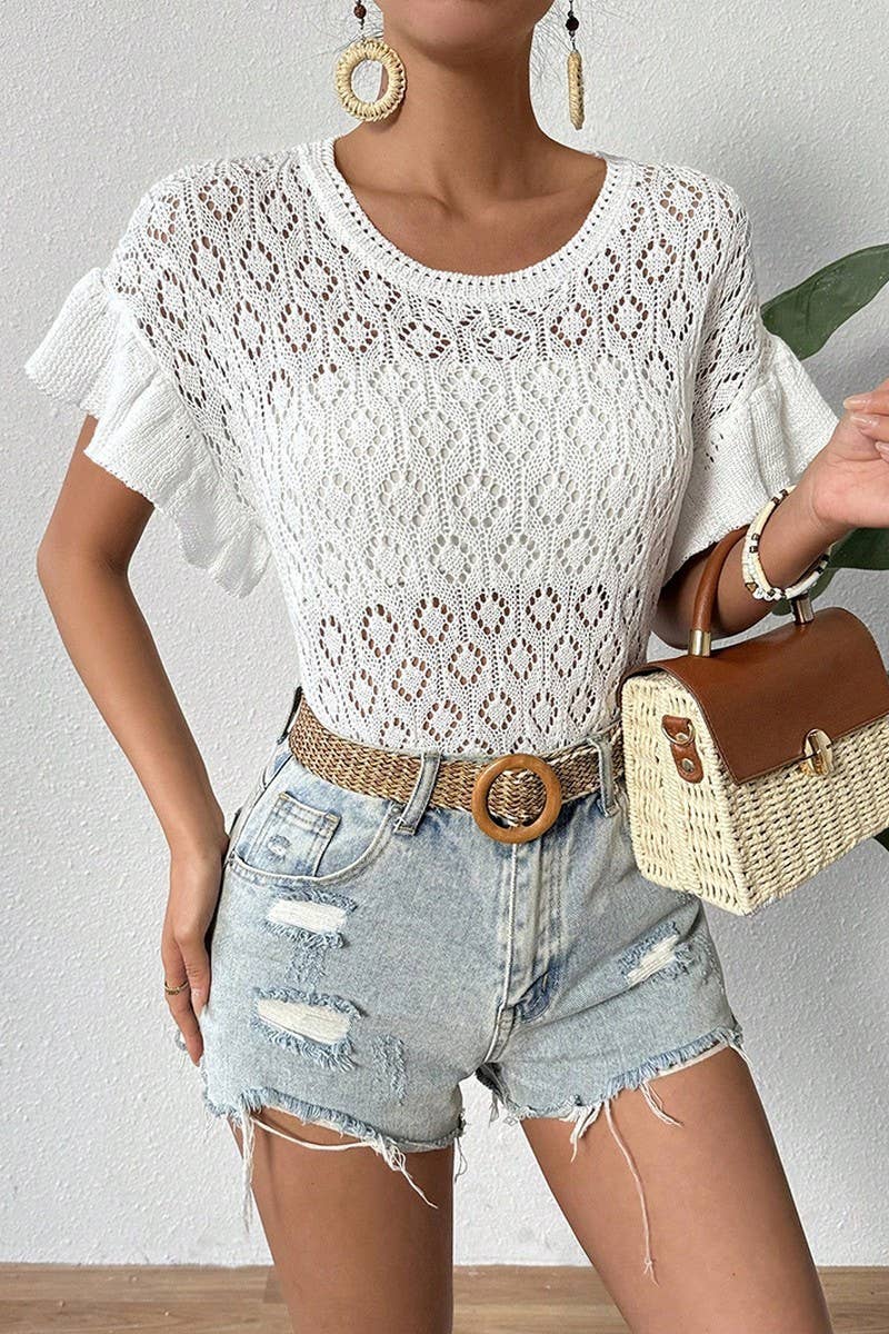 CWTTS1489_SUMMER NEW ROUND NECK HOLLOW KNITTED TOP