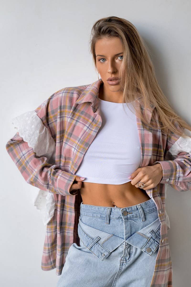 CWTBLL00586_FRESH LACE LOOSE LONG-SLEEVED PLAID SHIRT