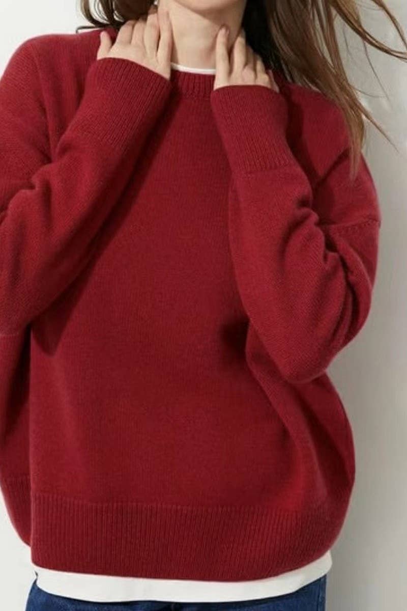 CWOSWL6383_SOLID COLOR CREW NECK KNITTED PULLOVER SWEATER