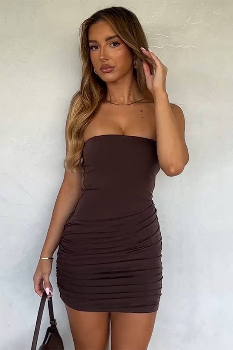 CWDTD0431_SUMMER BACKLESS STRAPLESS RUCHED BODYCON DRESS