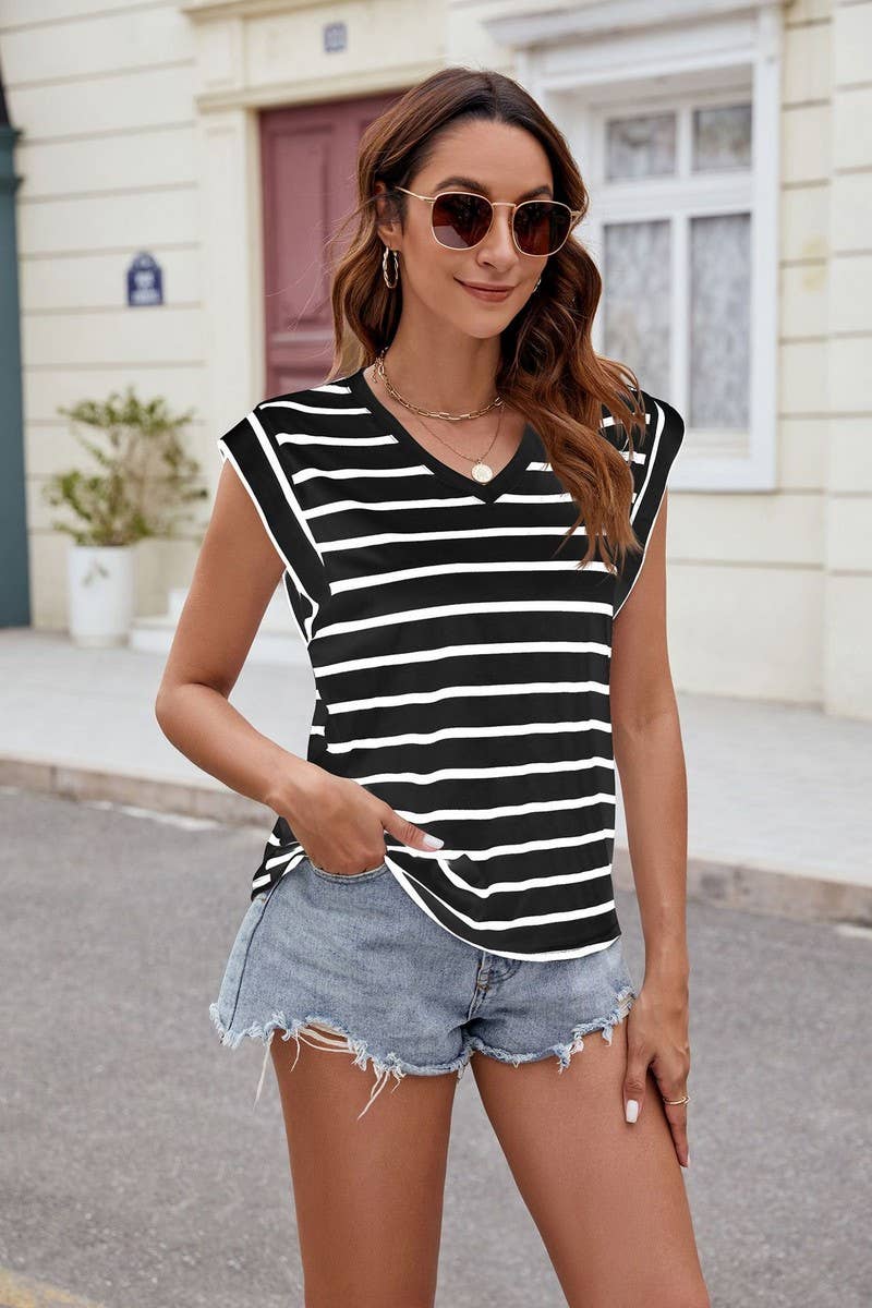 CWTBLS0863_V-NECK FLYING SLEEVE STRIPED CASUAL T-SHIRT VEST