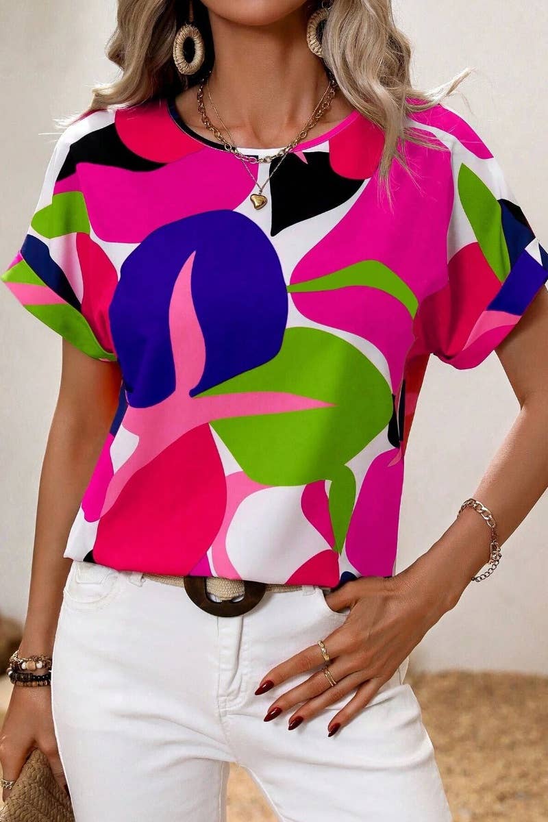 CWTBLS1142_SUMMER PRINT MULTI-COLORED SHORT-SLEEVED TOP