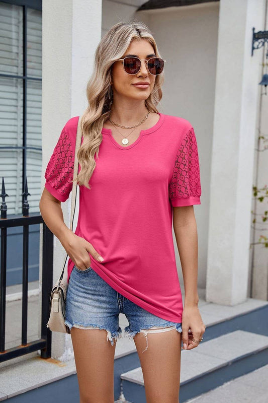 CWTBLS1738_SOLID COLOR V-NECK SHORT-SLEEVED T-SHIRT TOP