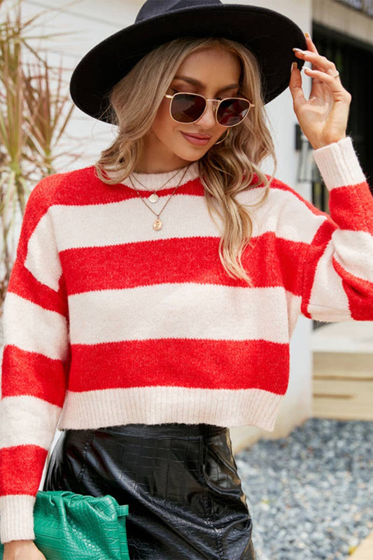 CWTSTL2704_AUTUMN AND WINTER SHORT ROUND NECK STRIPED TOP