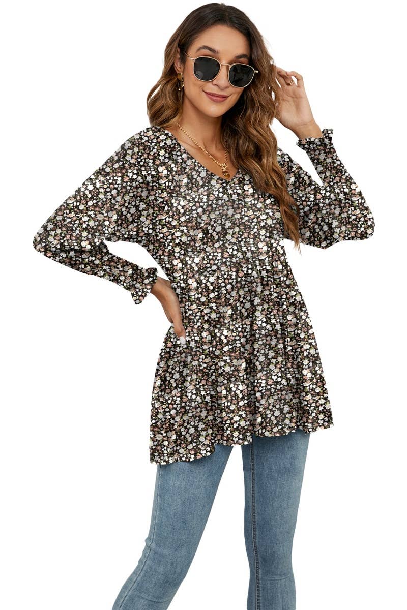 CWTBLL2935_FALL FLOWER BOUQUET WAIST PUFFY SLEEVE TOP