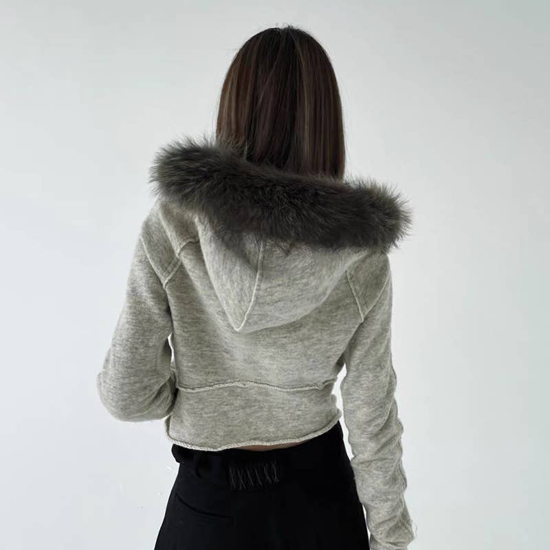 DESIGN SENSE ASYMMETRICAL FURRY HOODED ZIP COAT_CWOCO0984