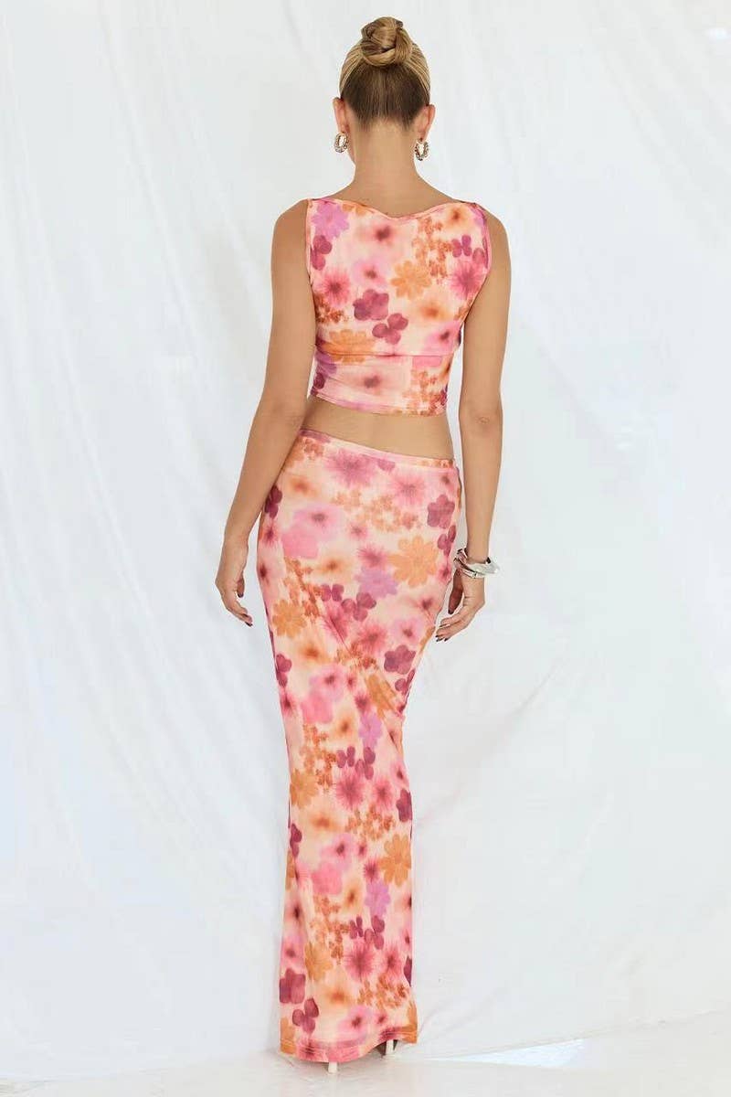 CWSTB1951_SLEEVELESS MESH FLORAL PRINT SKIRT SET