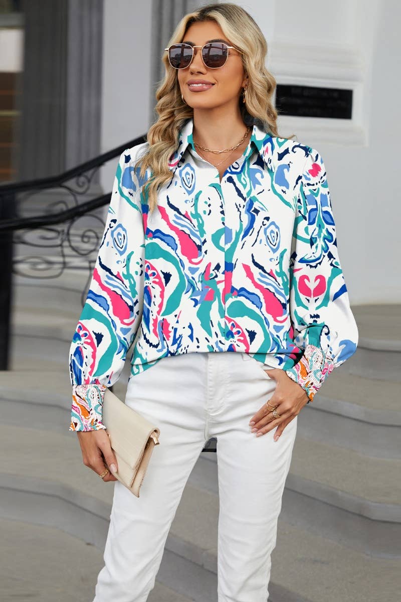 CWTSTL2302_HOLIDAY PRINTED LONG-SLEEVED LANTERN SLEEVE SHIRT