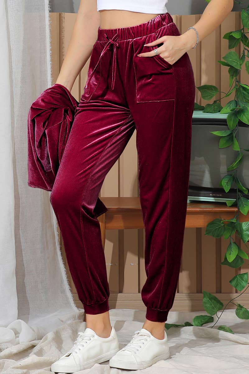 CWBLP422_WAIST TIE BAND CASUAL VELVET LONG TRACK PANTS