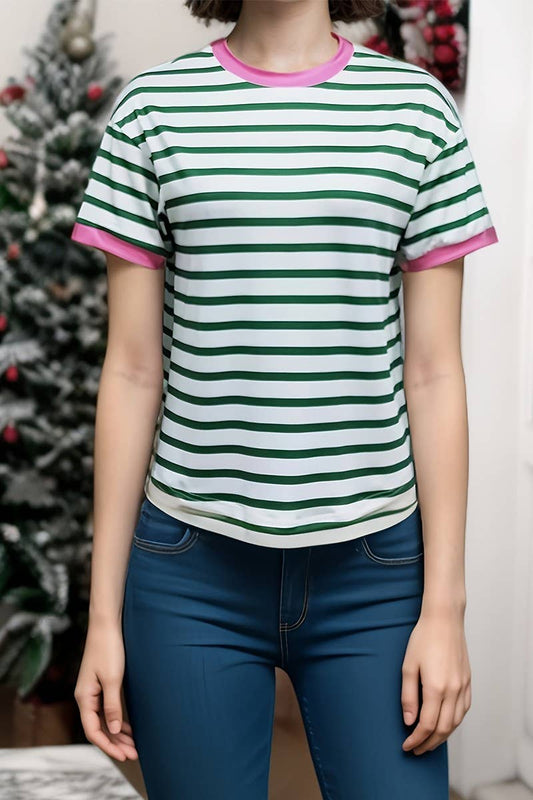 CWTTS1580_SUMMER STRIPED CREW NECK SHORT SLEEVE TOP