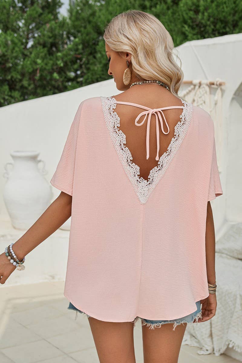 CWTBLS1596_SUMMER NEW LOOSE ROUND NECK BACK LACE TOP