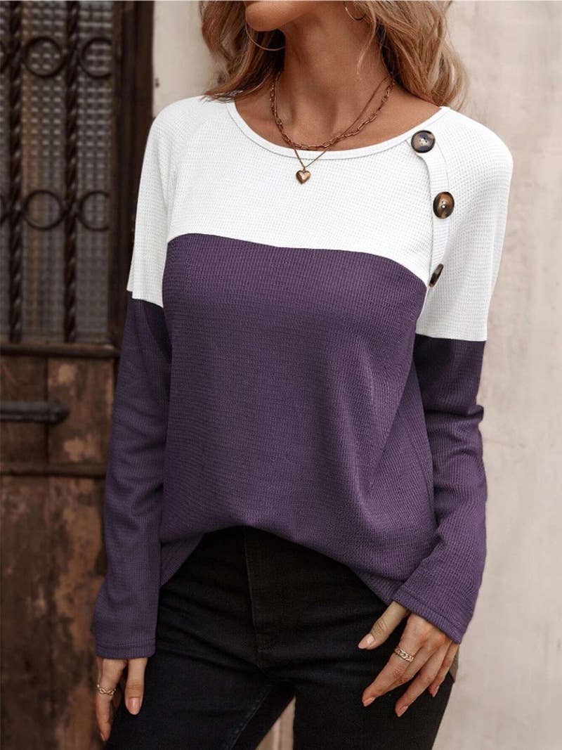 BUTTON EMBELLISHED COLOR PULLOVER SWEATER