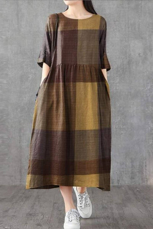 CWDMD3275_MUSLIM LOOSE PLAID PULLOVER DRESS