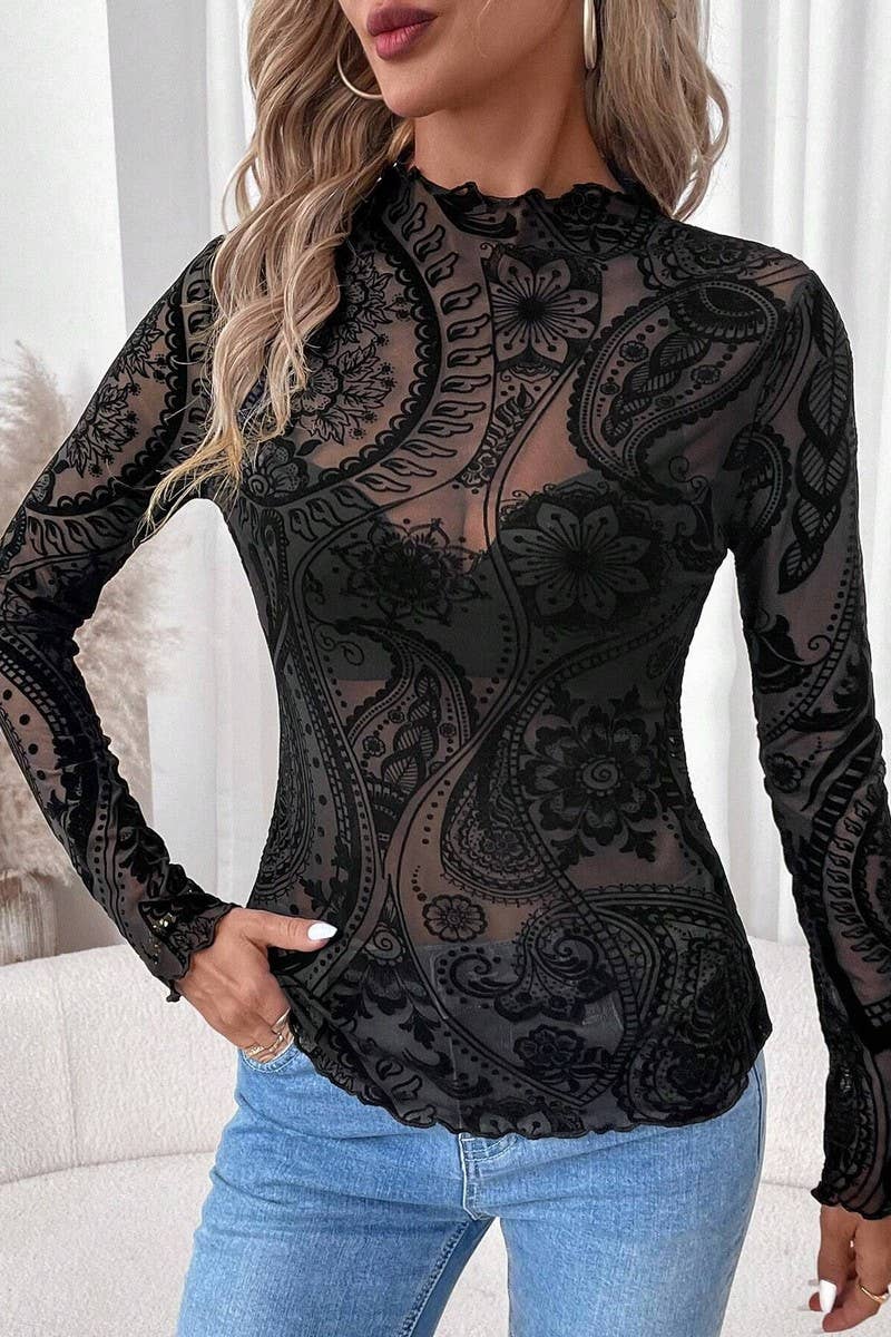 CWTBLL3927_FLOCKED PRINTED MESH RUFFLED LONG SLEEVE TOP