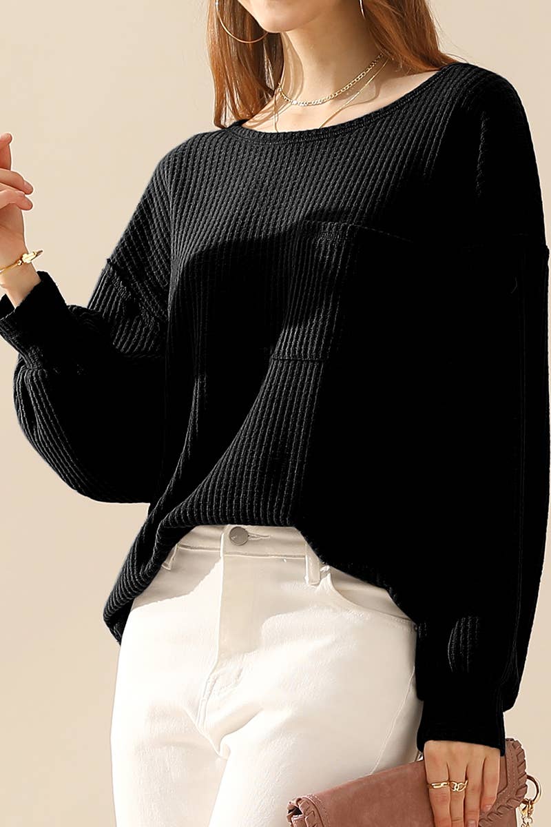 CWTTL1097_SHIRING CUFF R NECK SWEATER KNIT TOP