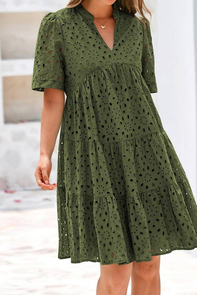 CWDSD8527_V-NECK HOLLOW LACE ELEGANT A-LINE DRESS