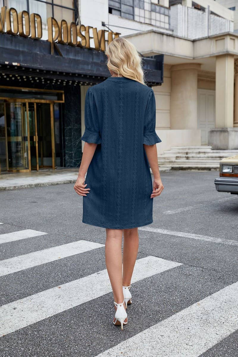 CWDSD7277_V-NECK CASUAL TRUMPET SLEEVE SHORT-SLEEVED DRESS