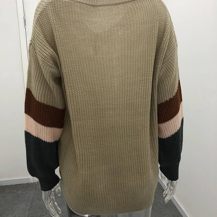 CHICKEN-NECKED LANTERN SLEEVE STRIPED SWEATER
