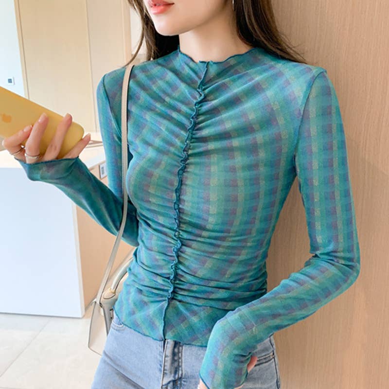CREW-NECK RAINBOW PLAID PRINT SLIM-FIT PLEAT TOP
