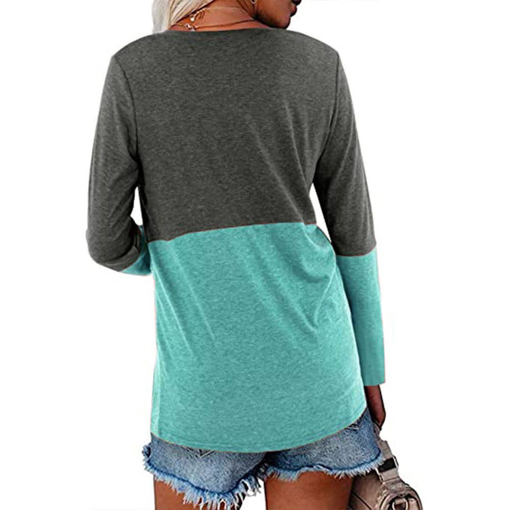 Color contrast patchwork V-neck long sleeve Tshirt