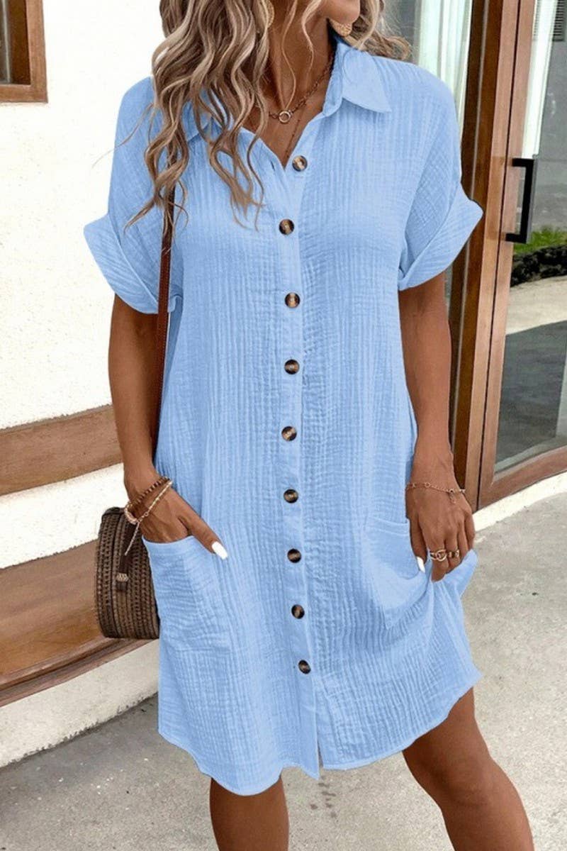 CWDSD10629_WOMEN'S SIMPLE V-NECK BUTTON SHIRT DRESS