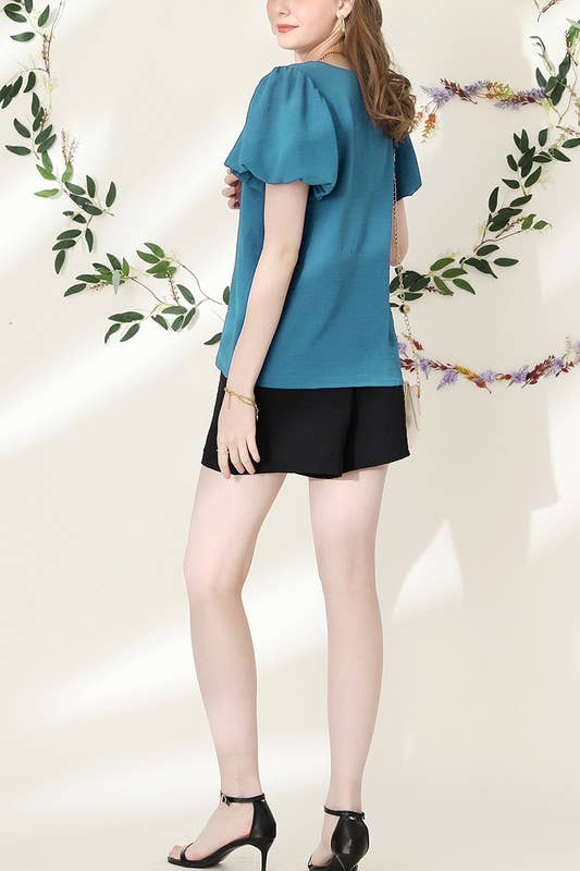 CWTBLS202_V NECK PUFF SHORT SLEEVE BLOUS FORMAL TUNIC TOP