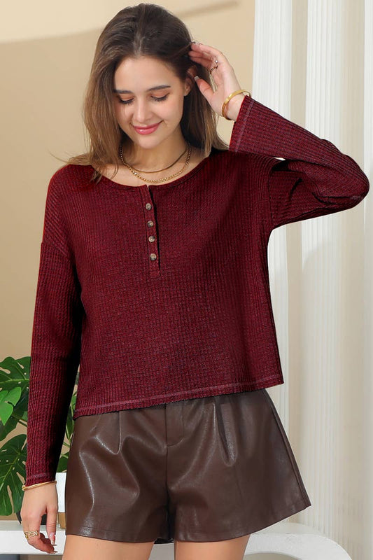 CWTTL1483_V-Neck Casual Long Sleeve Top