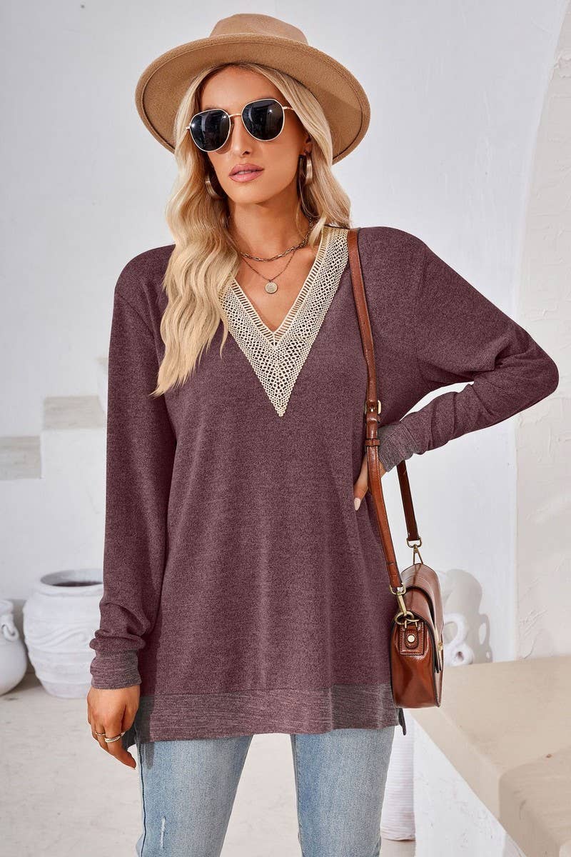 CWTBLL3660_AUTUMN NEW V-NECK LACE SOLID COLOR LOOSE T-SHIRT
