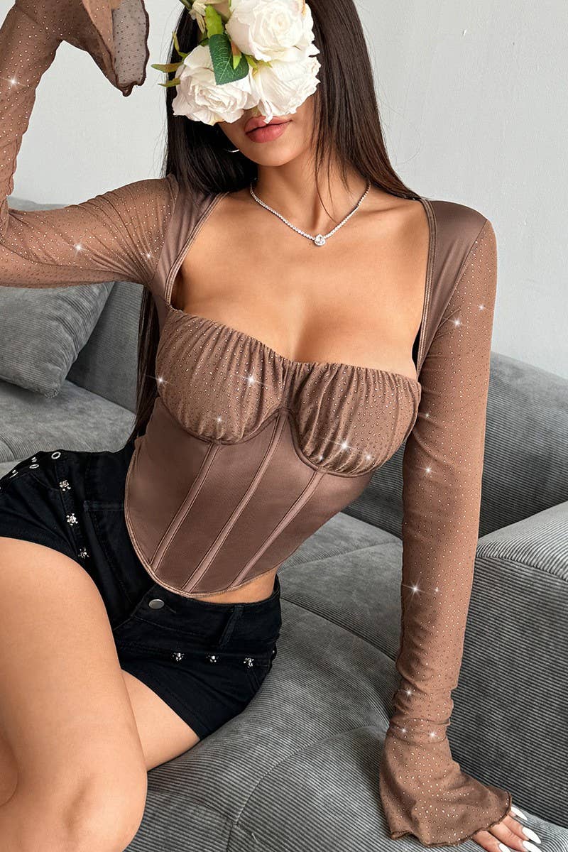 CWTBLL3648_BELL SLEEVE SEQUINED UNDERWIRED HERRINGBONE TOP