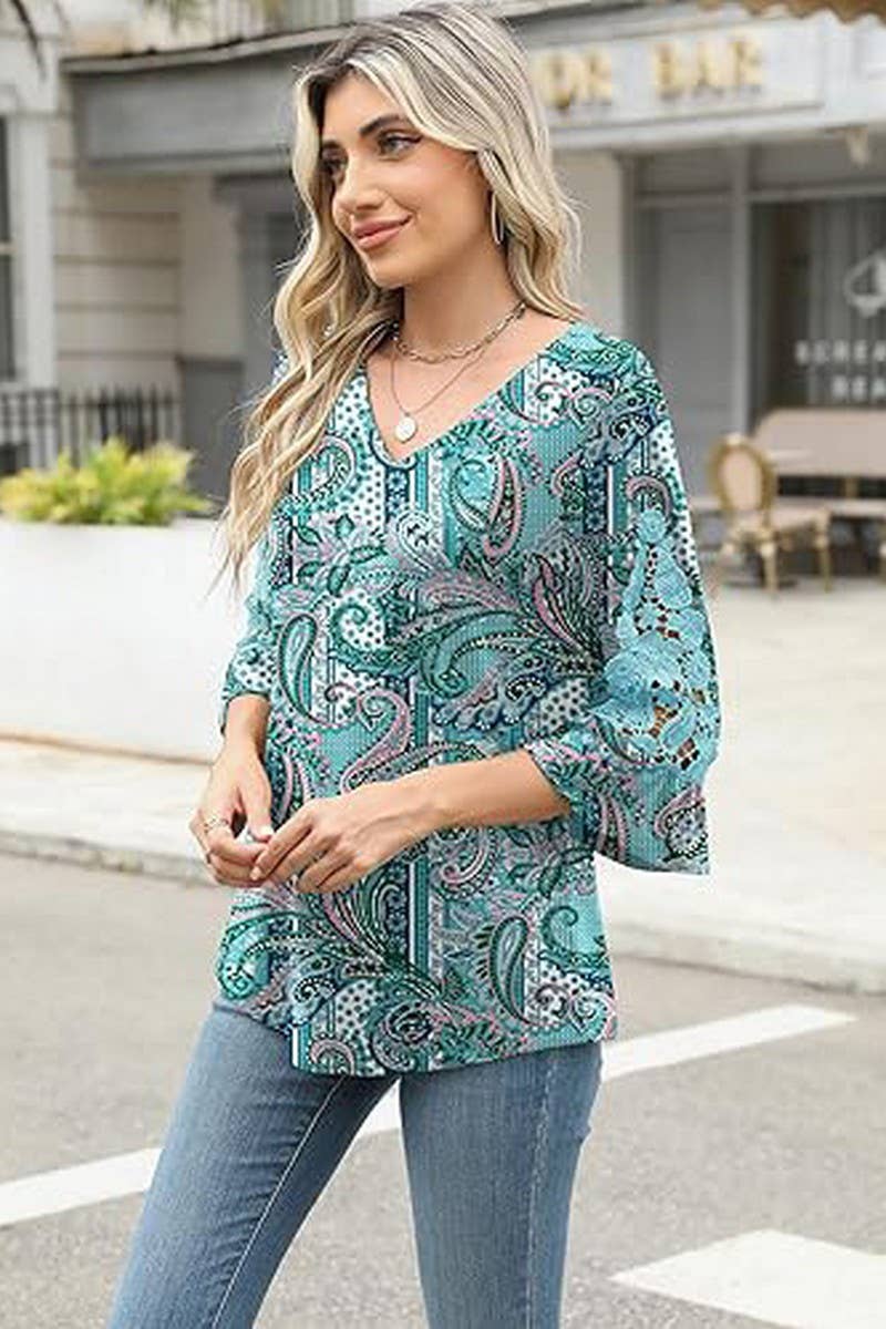 CWTBLL3901_LACE RUFFLE SLEEVE V-NECK PRINT TOP