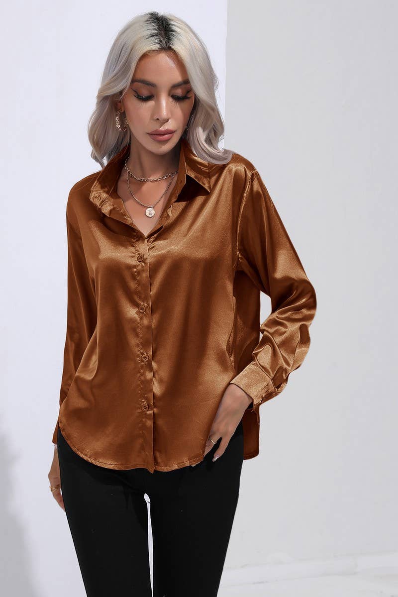 CWTBLL0690_Button Down Silky Satin Long Sleeve Top
