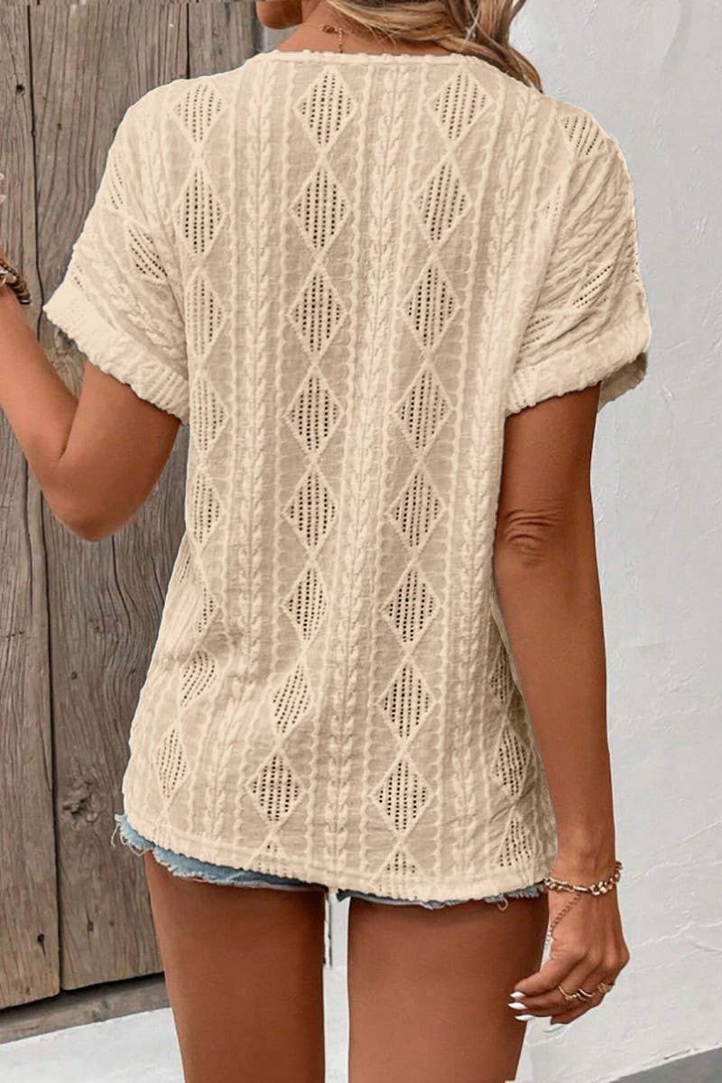 CWTBLS1794_V-NECK BUTTON-DOWN SHORT-SLEEVED TOP T-SHIRT