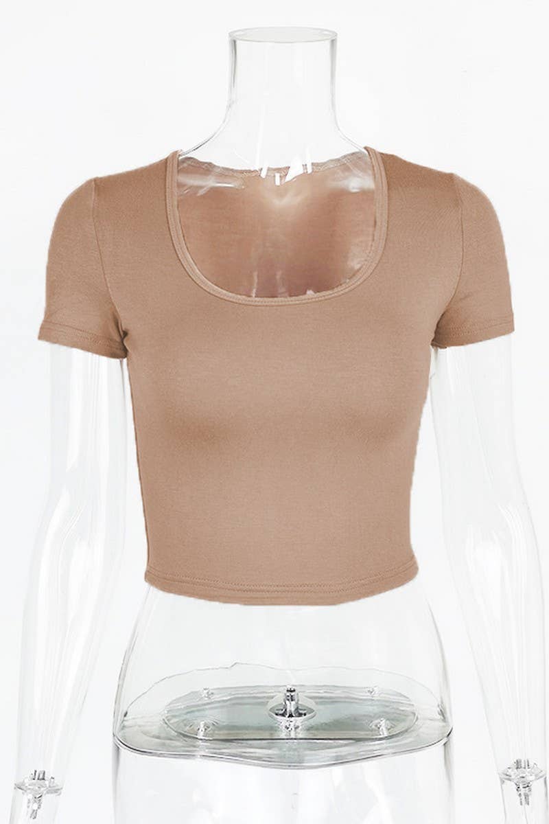 CWTTS1347_U-NECK SHORT-SLEEVED SLIM FIT NAVEL-BARING TOP