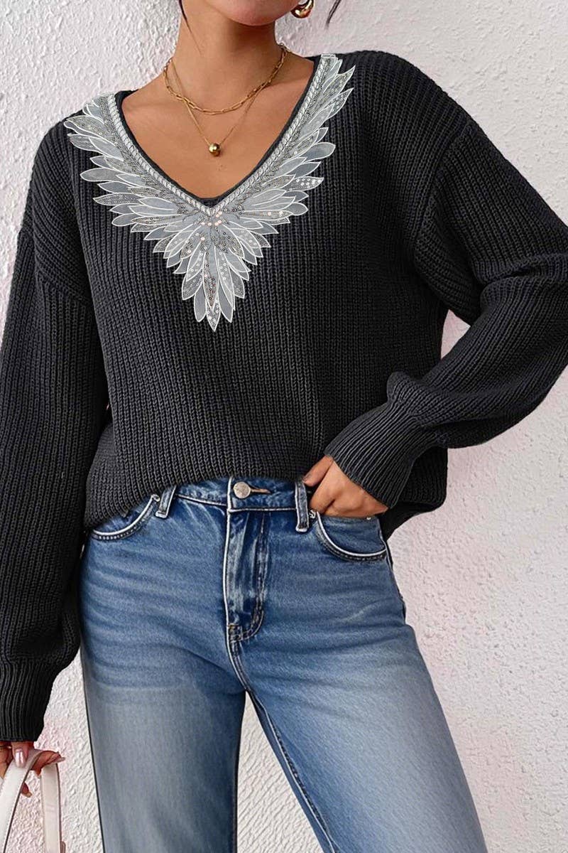 CWOSWL07330_WOMEN SEQUIN LACE V NECK LOOSE KNIT SWEATER