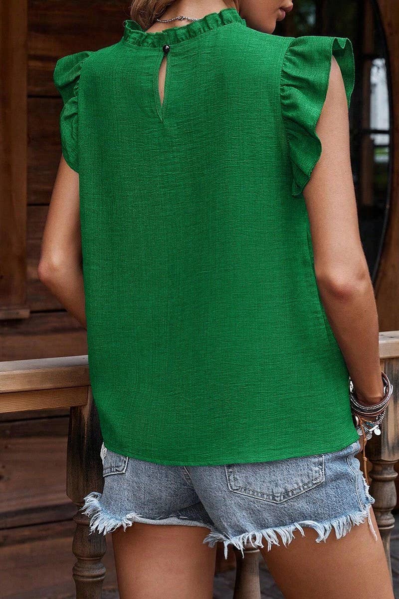 CWTBLSL0634_RUFFLE SLEEVE PLEATED SHORT SLEEVE TOP