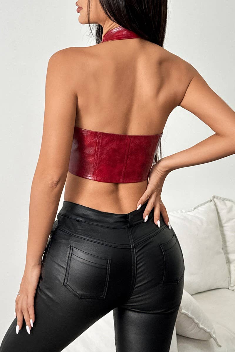 CWTHT0162_LOW-CUT HALTER NECK LACE-UP PU LEATHER VEST