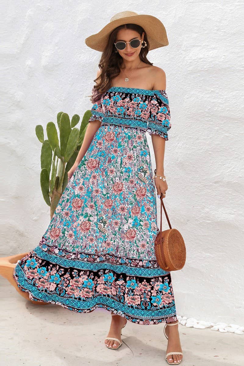 CWDMD2149_PRINTED ONE SHOULDER PUFF SLEEVE MIDI DRESS