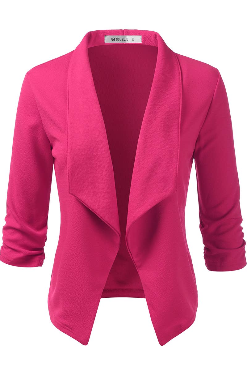 CWOBL091_Casual Work Ruched 3/4 Slv Open Front Blazer Jacket
