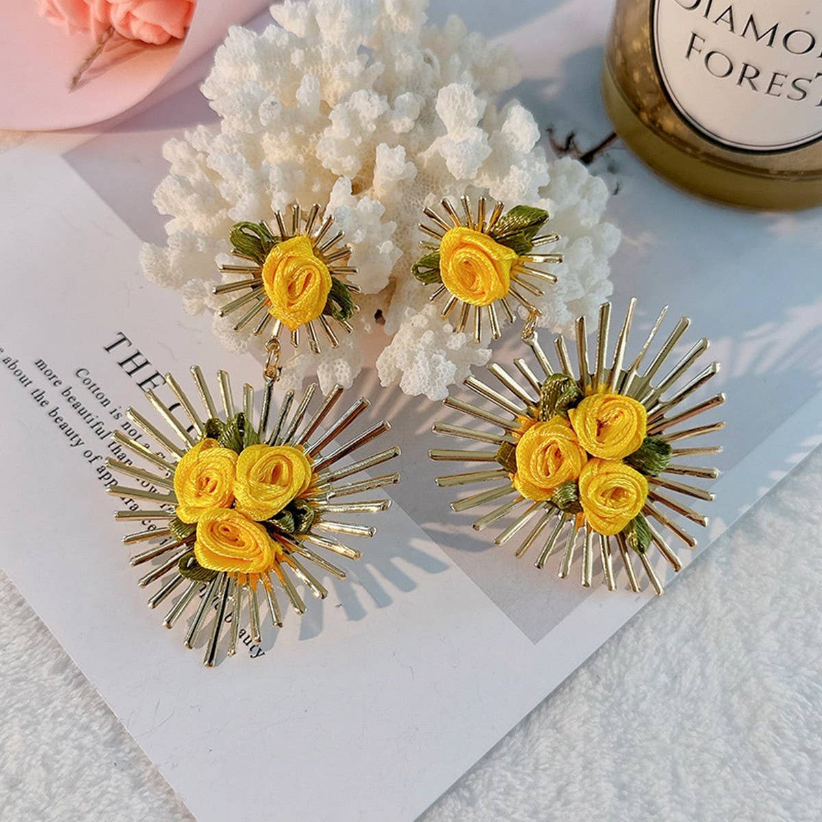 Handmade Fabric Flower Heart Earrings for Women