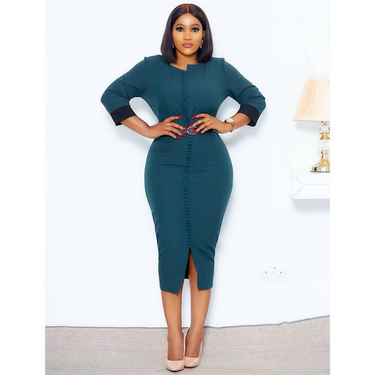 CONTRAST COLOR BUTTONED SLIT OVERSIZED DRESS