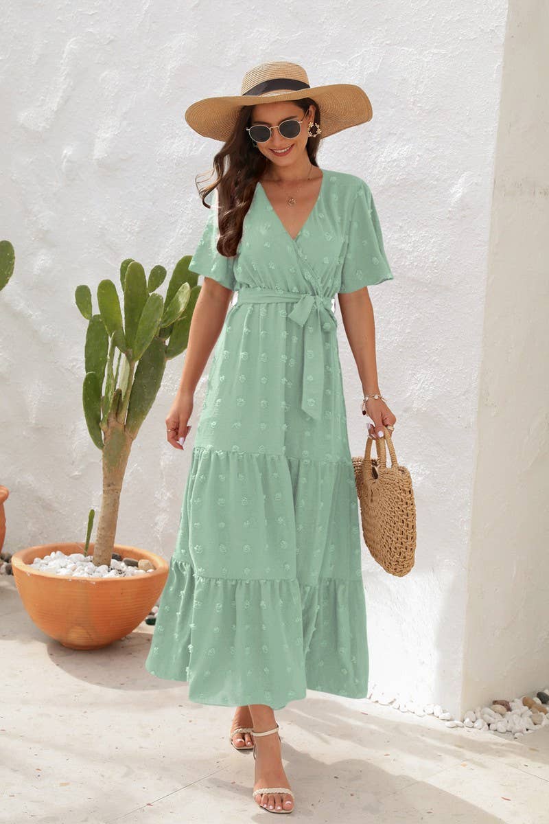 CWDMD2150_V NECK HIGH WAISTED SHORT SLEEVED LONG DRESS
