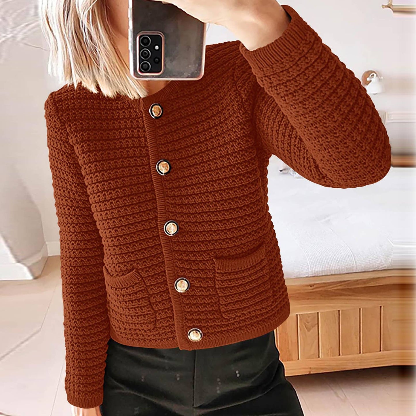 Crew-neck knitted commuter vintage casual cardigan