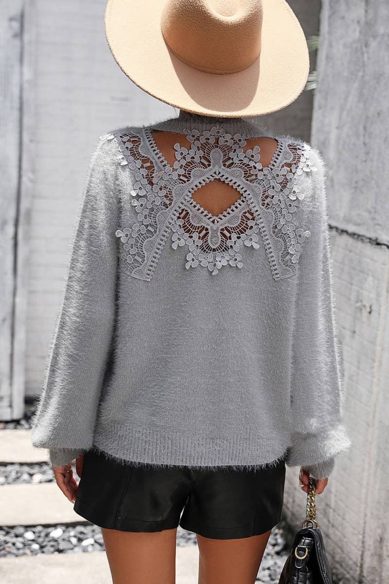 CWOSWL6484_WINTER LACE PATCHWORK FLUFFY LONG-SLEEVED TOP