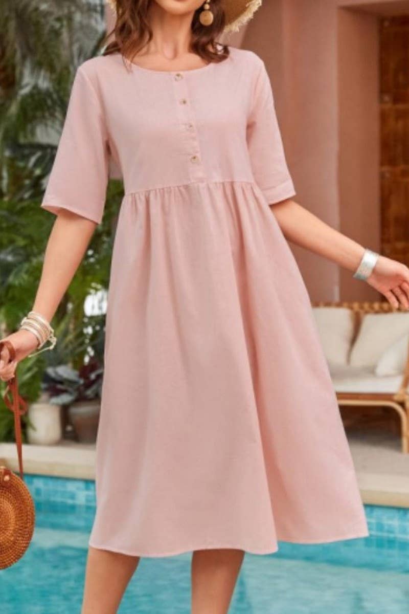 CWDMD01000_ROUND NECK LOOSE CASUAL SOLID COLOR POCKET DRESS