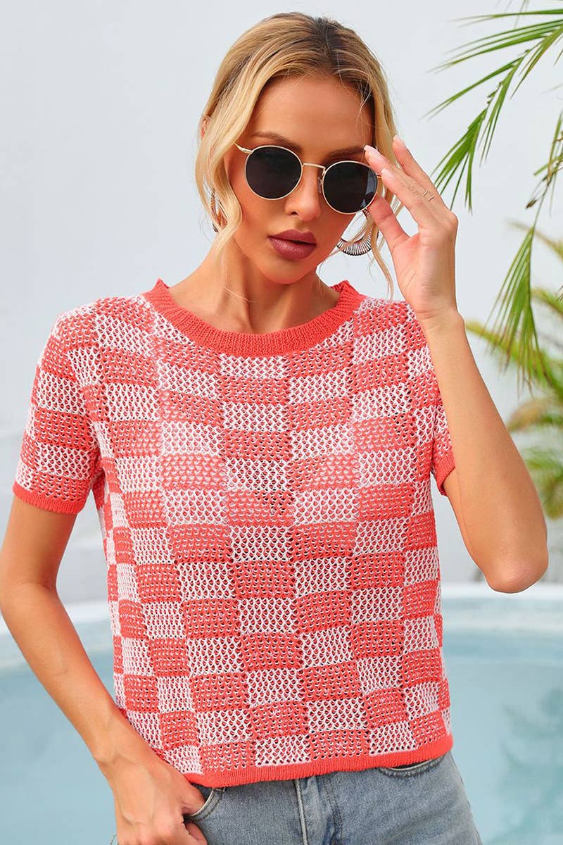 CWTBLS1750_SUMMER PLAID HOLIDAY CASUAL CREW NECK SHIRT