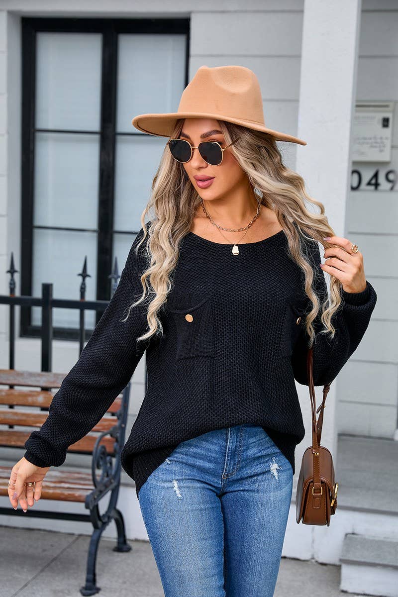 CWOSWL3112_SOLID COLOR PULLOVER POCKET KNITTED SWEATER