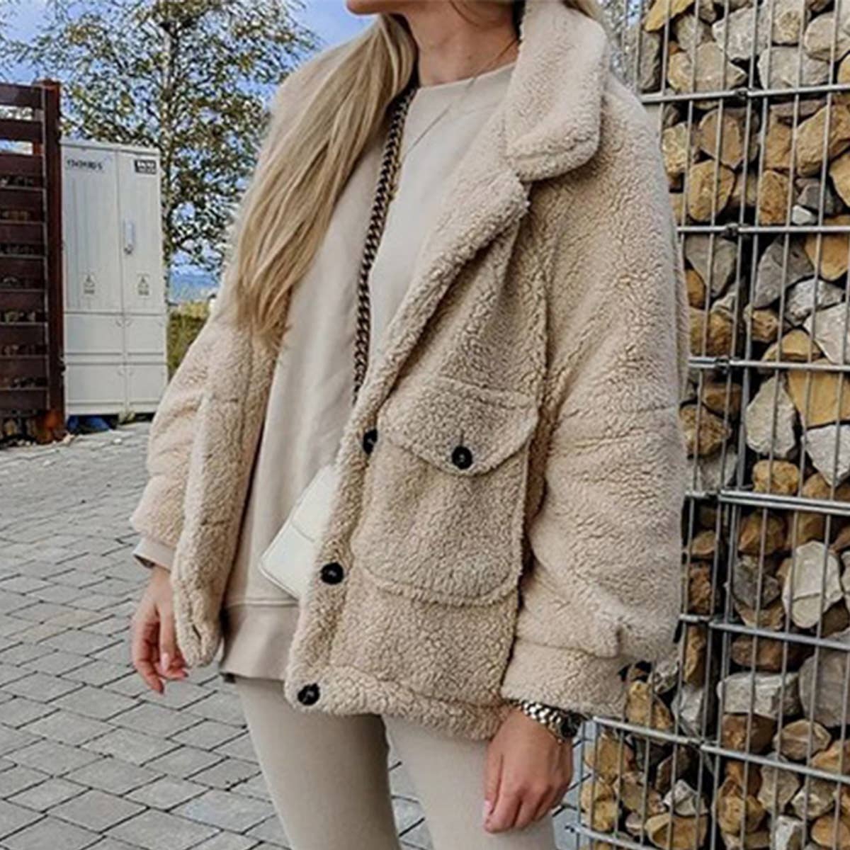 CASUAL LAMB WOOL COAT WITH THICK LAPEL COLLAR