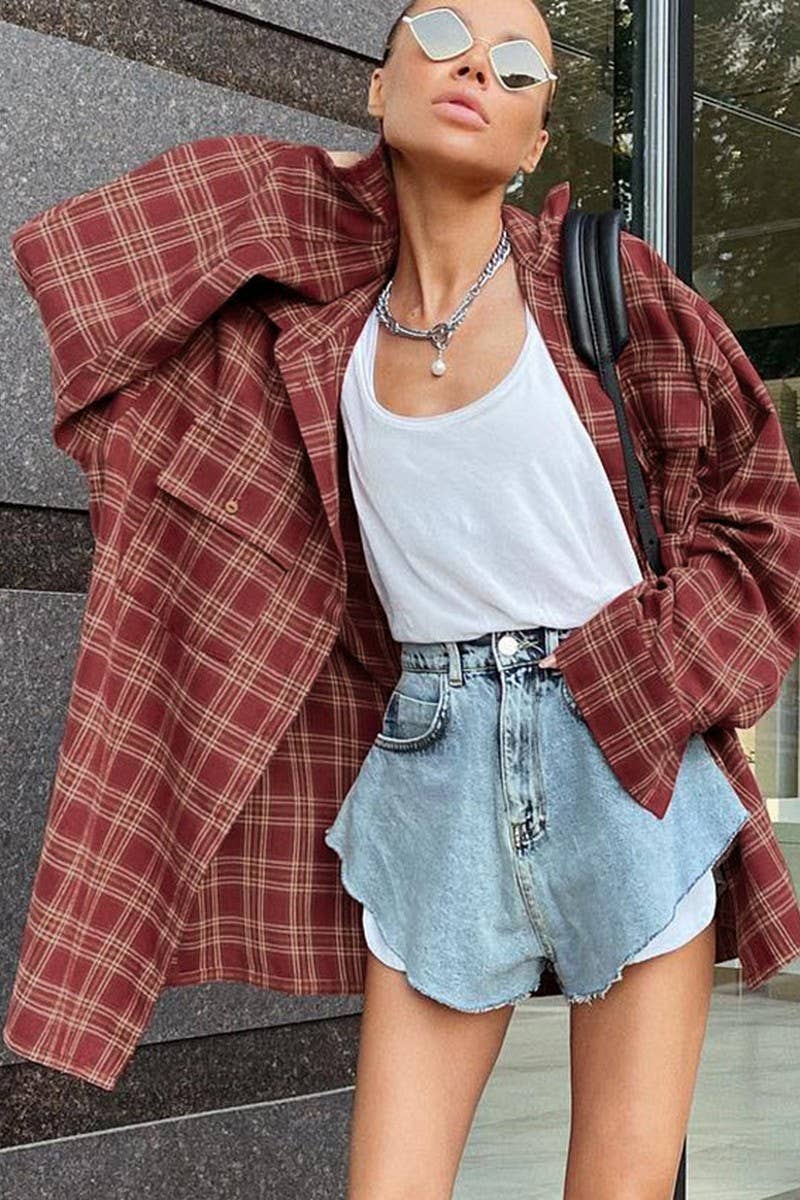 CWTBLL00607_LOOSE CASUAL RED PLAID LONG-SLEEVED SHIRT