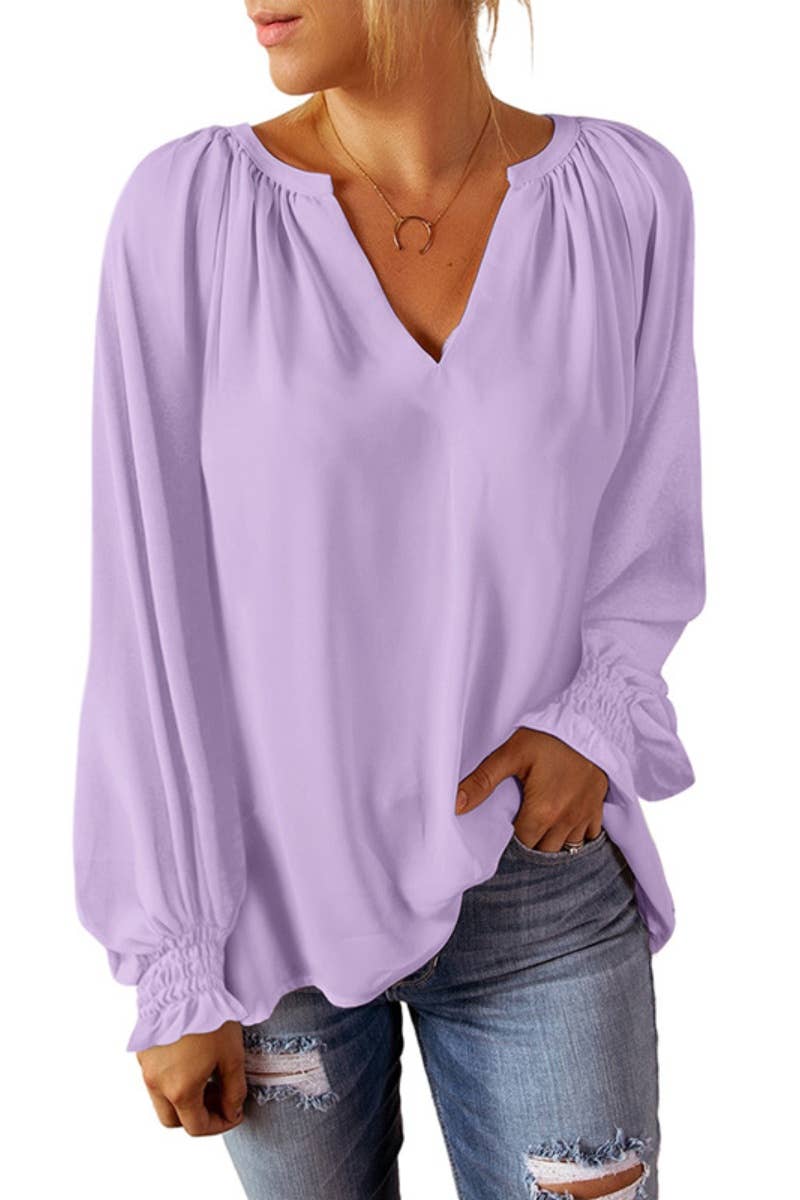 CWTBLL3039_AUTUMN PATCHWORK DEEP V LONG SLEEVE LOOSE TOP